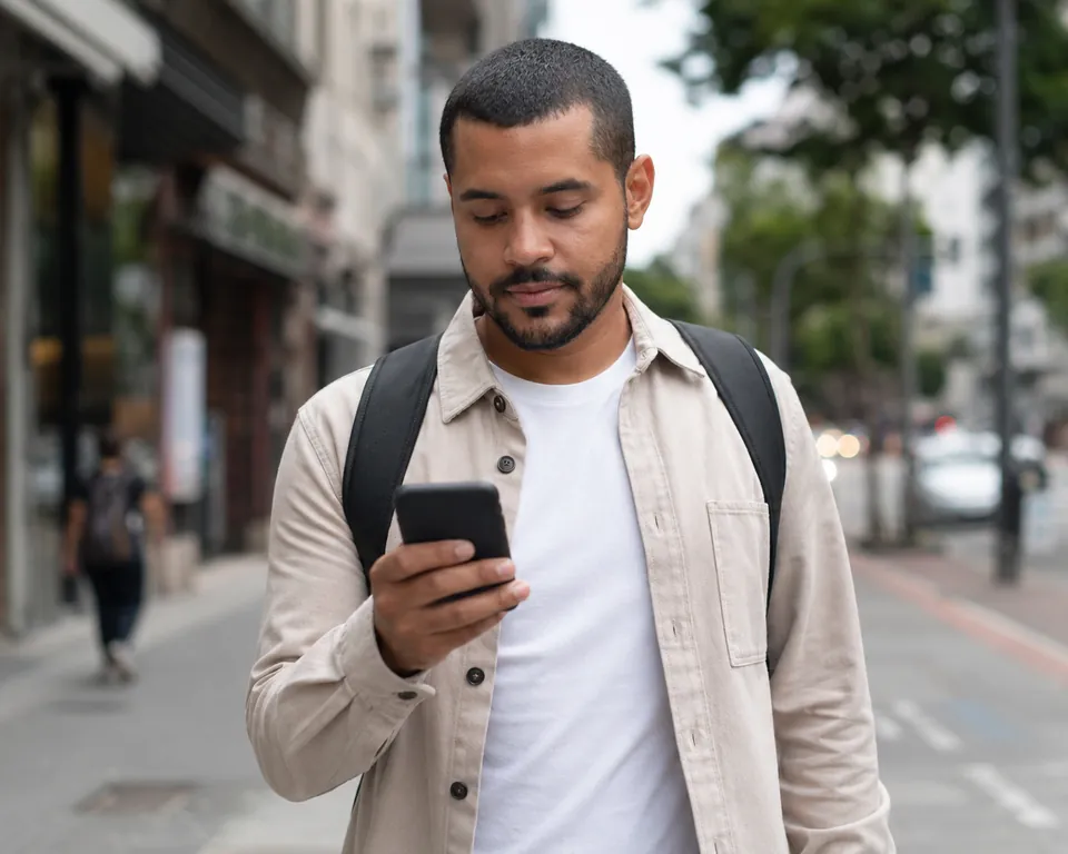Homem utilizando celular para simular empréstimo consignado CLT mesmo estando negativado